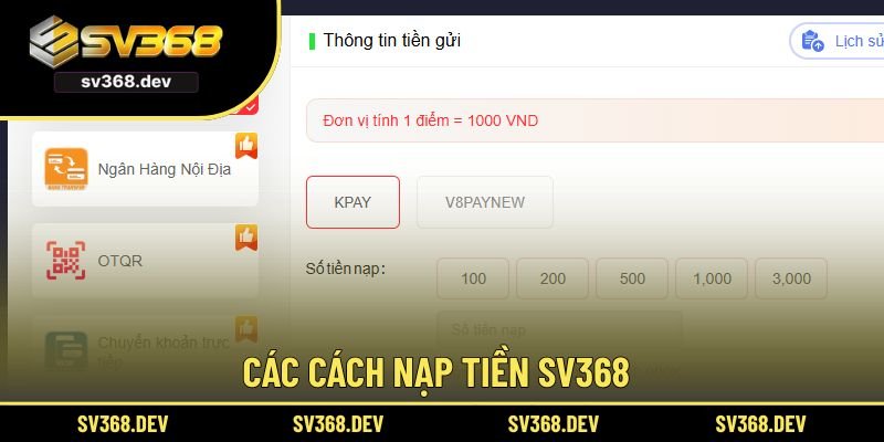 Các cách nạp tiền SV368